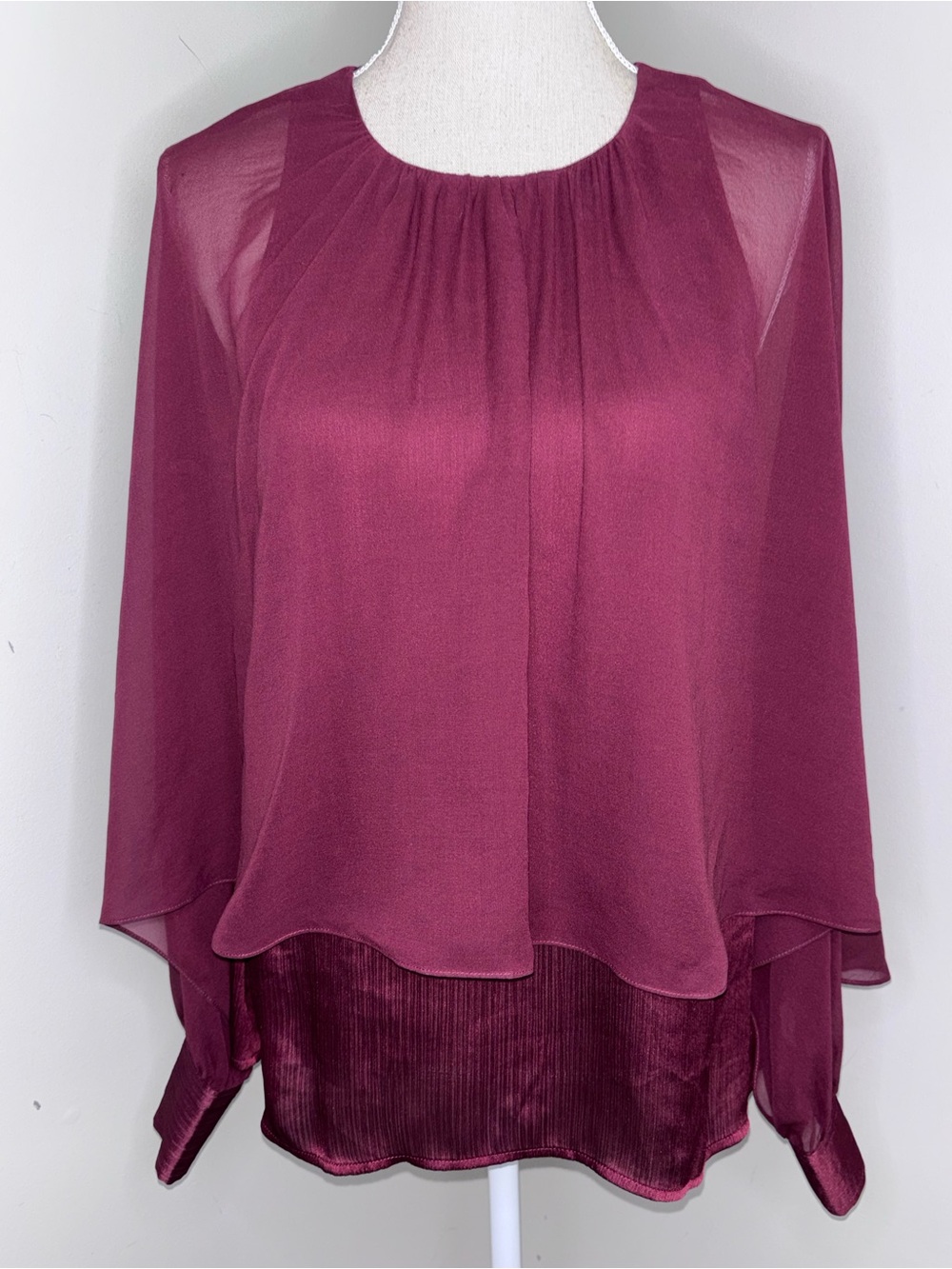 Trina Turk silk overlay batwing sheer sleeves burgundy layered top size Medium